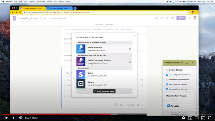 Video about how to make a google form accept payment.