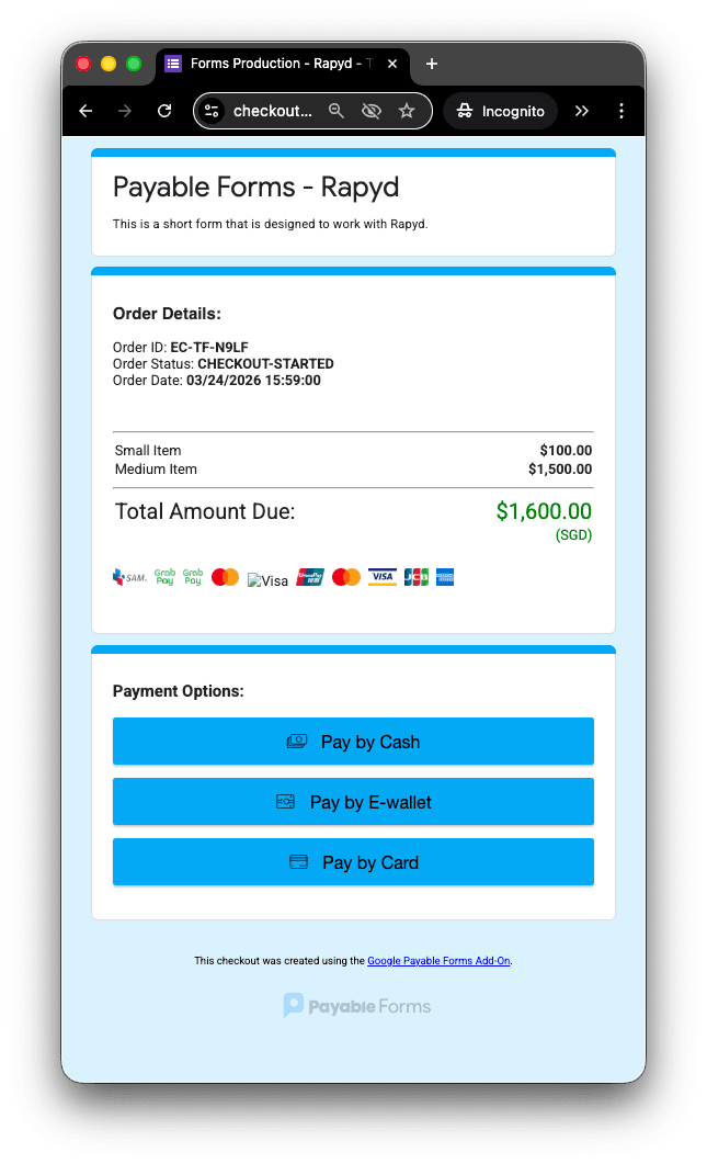 Google Forms payment checkout with Rapyd