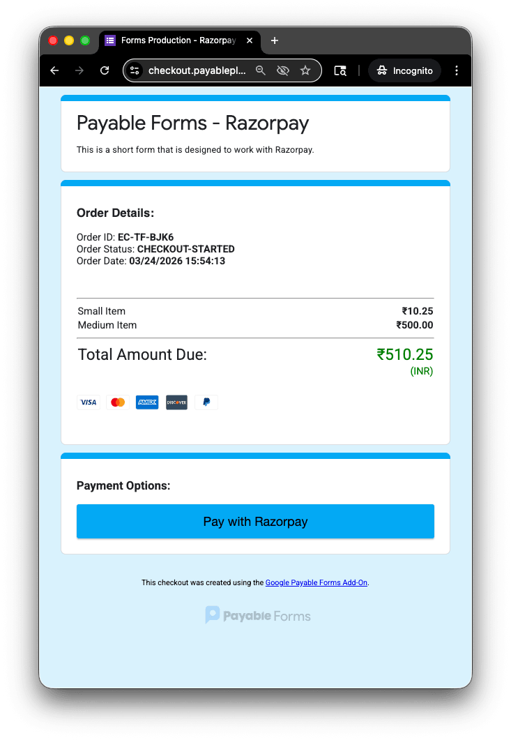 Google Forms payment checkout with Razorpay
