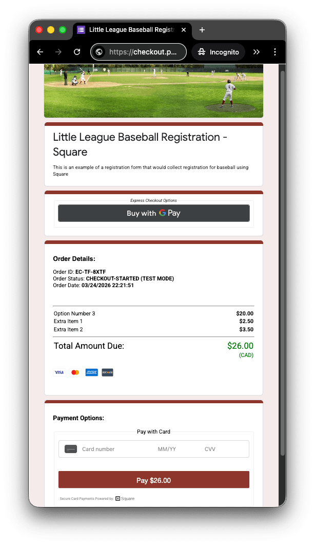 Google Forms payment checkout with Square