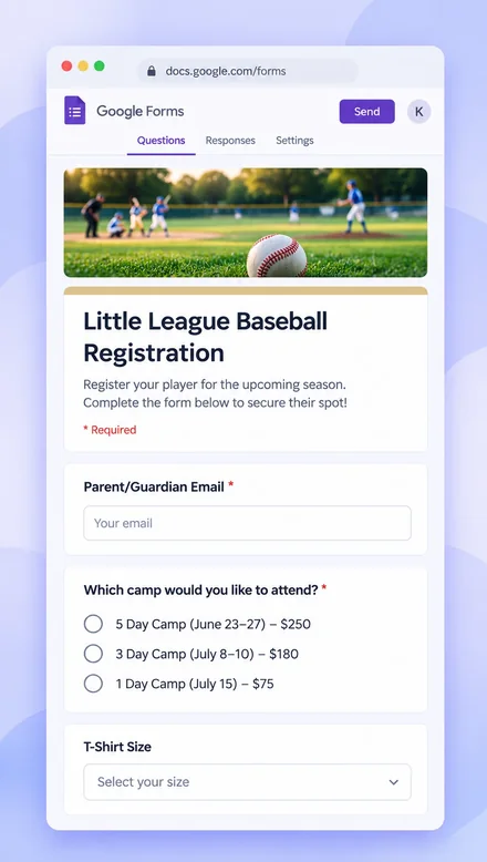 Step 1: a Little League Baseball registration Google Form with camp options priced at $250, $180 and $75