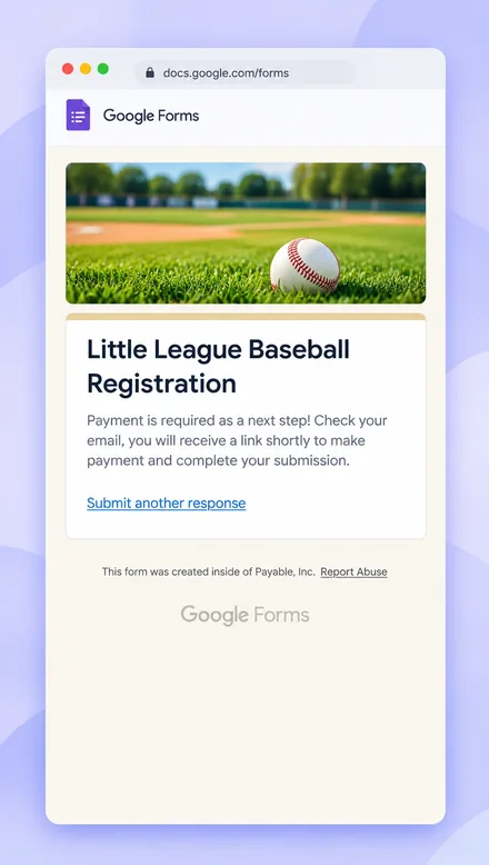 Step 2: the Google Form confirmation telling the customer payment is the next step and a payment link is on its way
