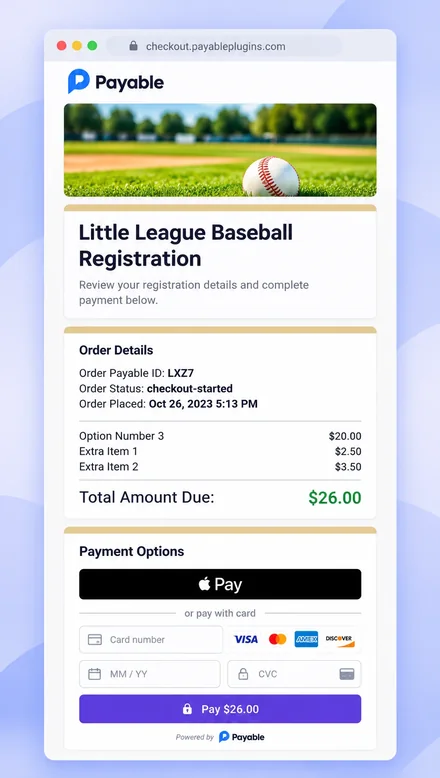 Step 3: the Payable secure checkout showing order details, the total due and Apple Pay or card payment options
