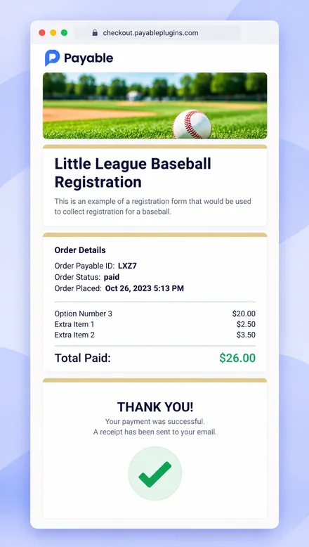 Step 4: the Payable thank-you page confirming the payment was successful and a receipt was emailed