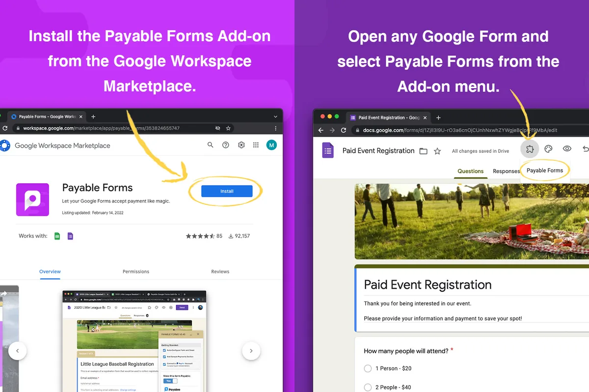 Google Forms editor with the Payable Forms add-on installed