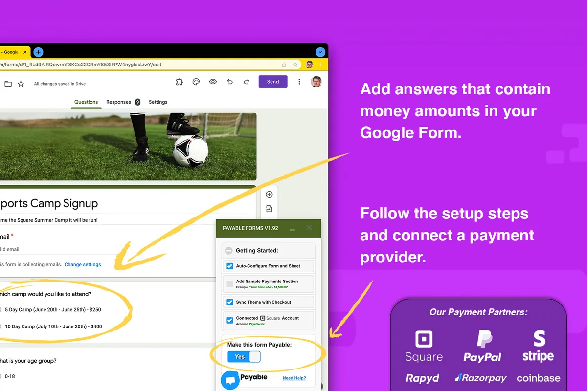 Connecting a payment provider to a Google Form: PayPal, Stripe, Square, Rapyd or Razorpay