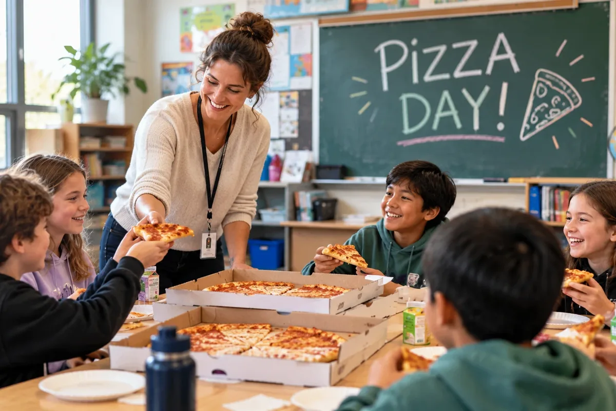 A teacher handing out pizza to smiling students on a classroom pizza day, paid for through a Payable Google Form