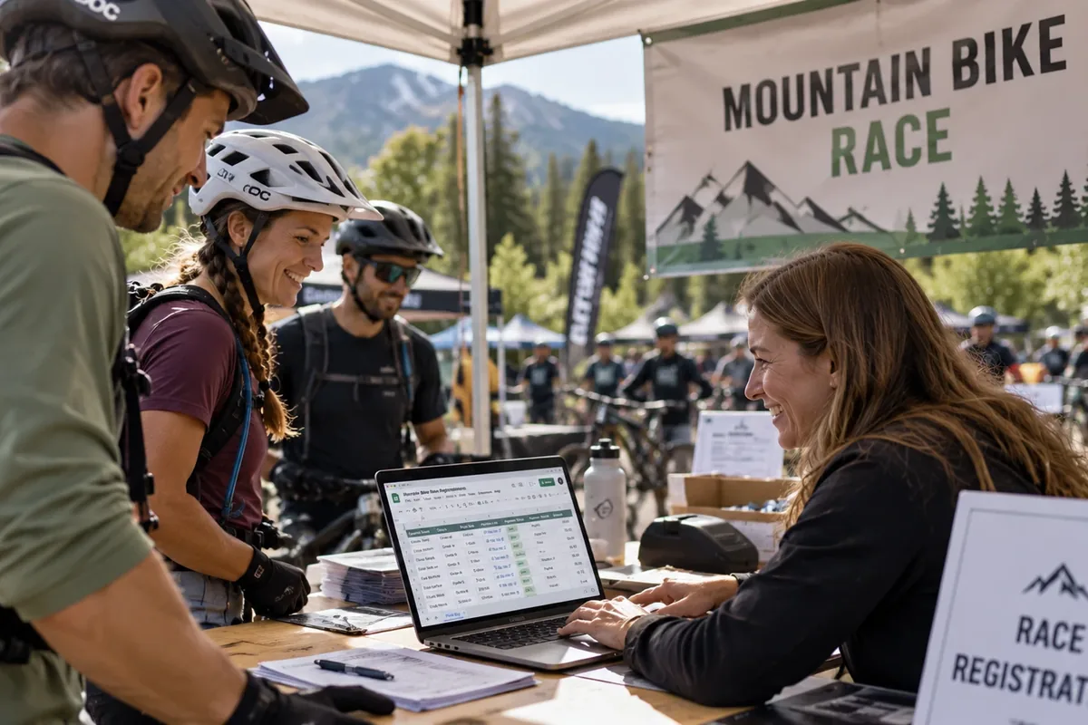 Mountain bikers checking in at a race registration table where the organizer tracks paid entries in a Google Sheet